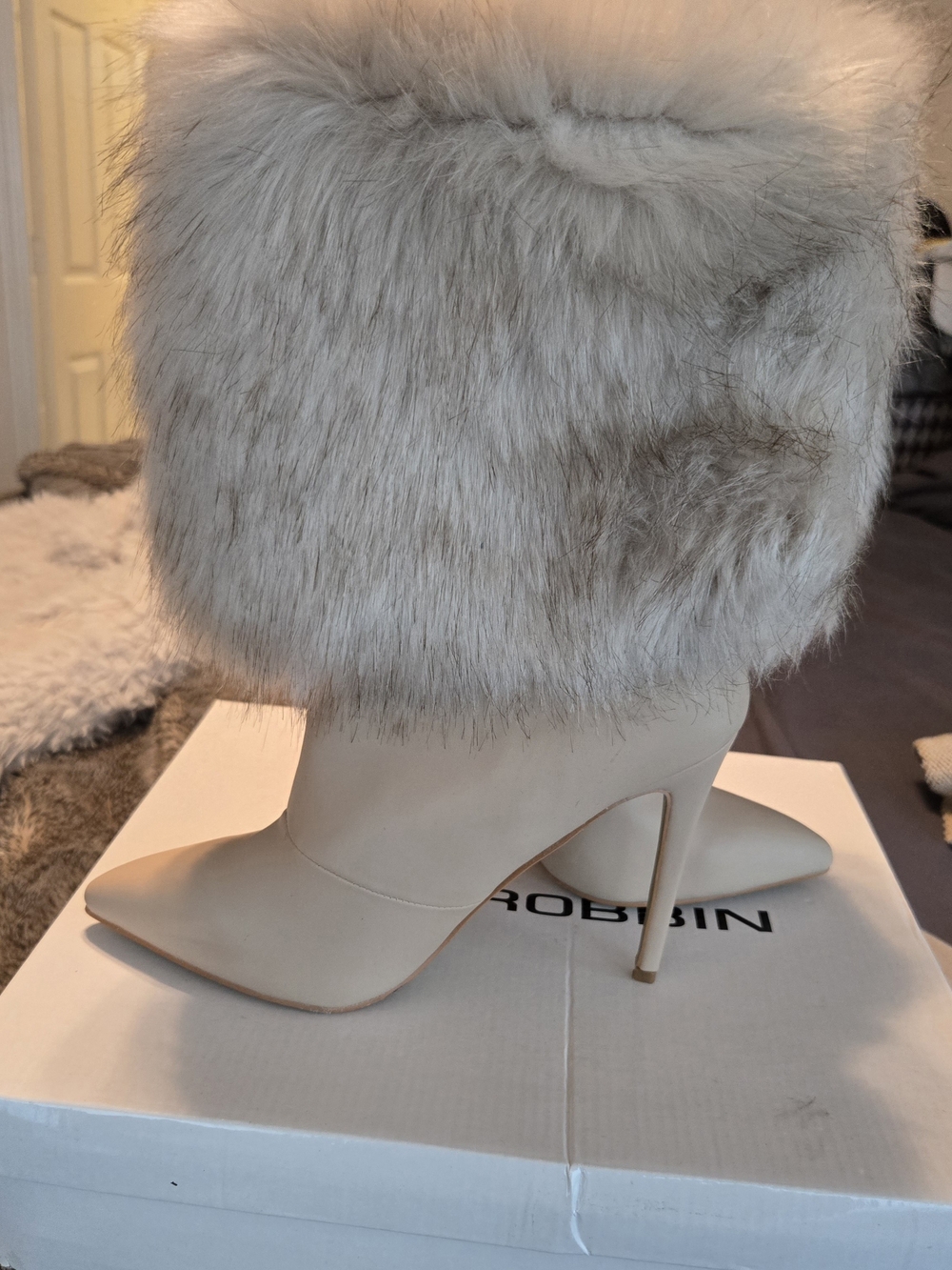 Cape Robbin Cream Stiletto Boots with Faux Fur Cuff